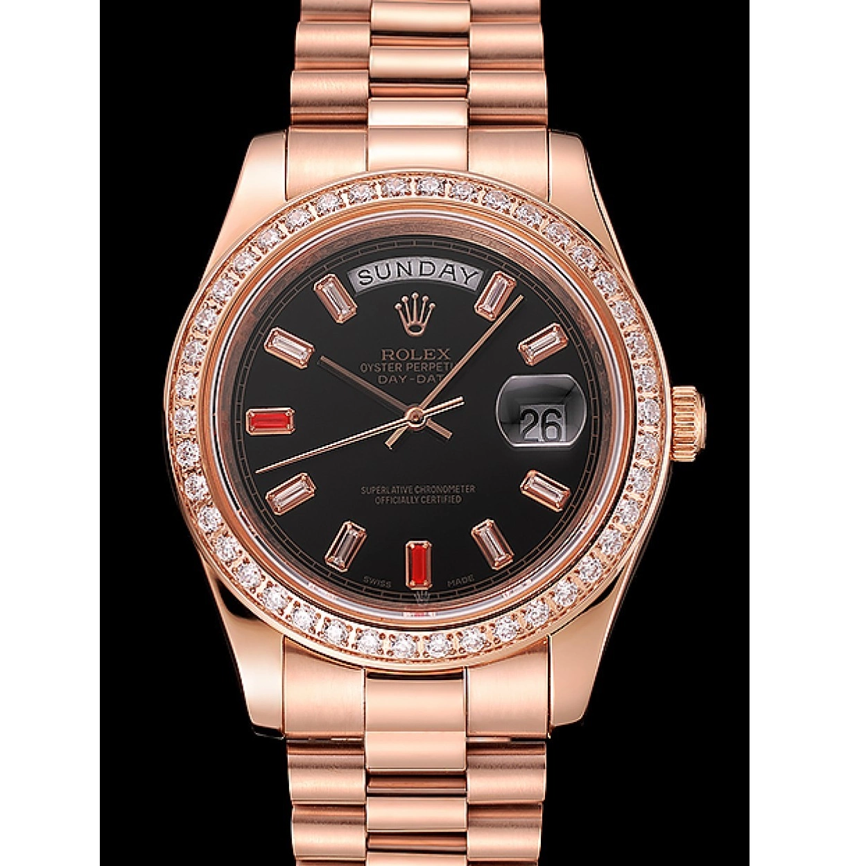 Cheap And Rubies Rose Gold Black Rolex 1454102 Diamonds Bracelet Dial Day-Date Swiss 0225