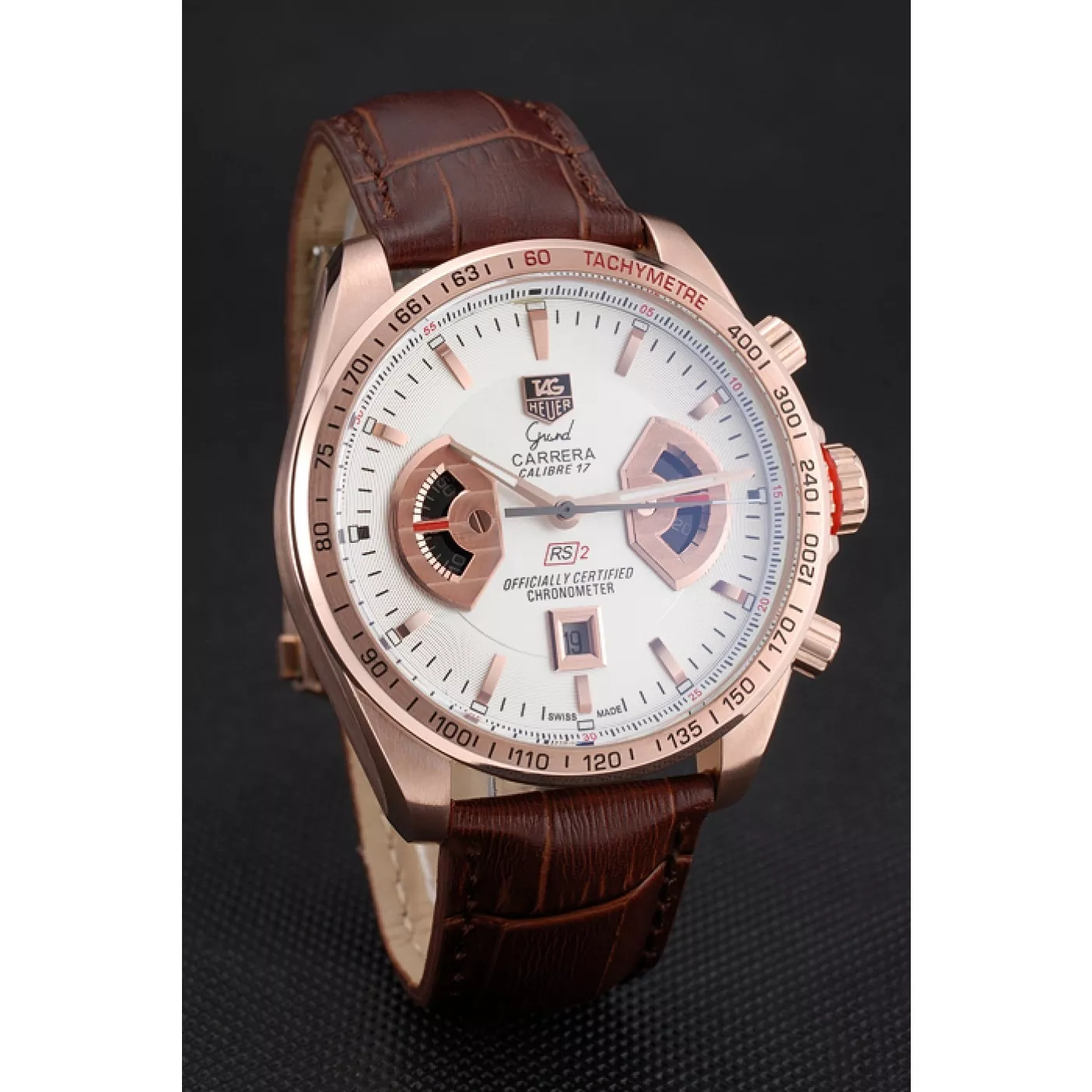 Affordable Tag Heuer Carrera Rose Gold Case White Dial Brown Leather Strap 98245 0203