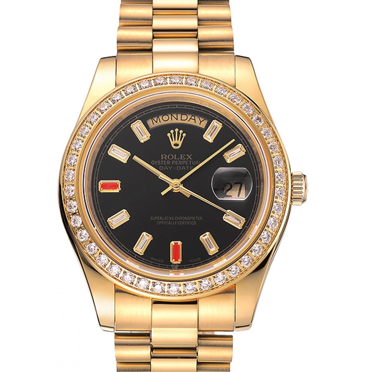 Affordable And Rubies Rolex Gold Black 1454101 Day-Date Swiss Dial Diamonds Bracelet 0214