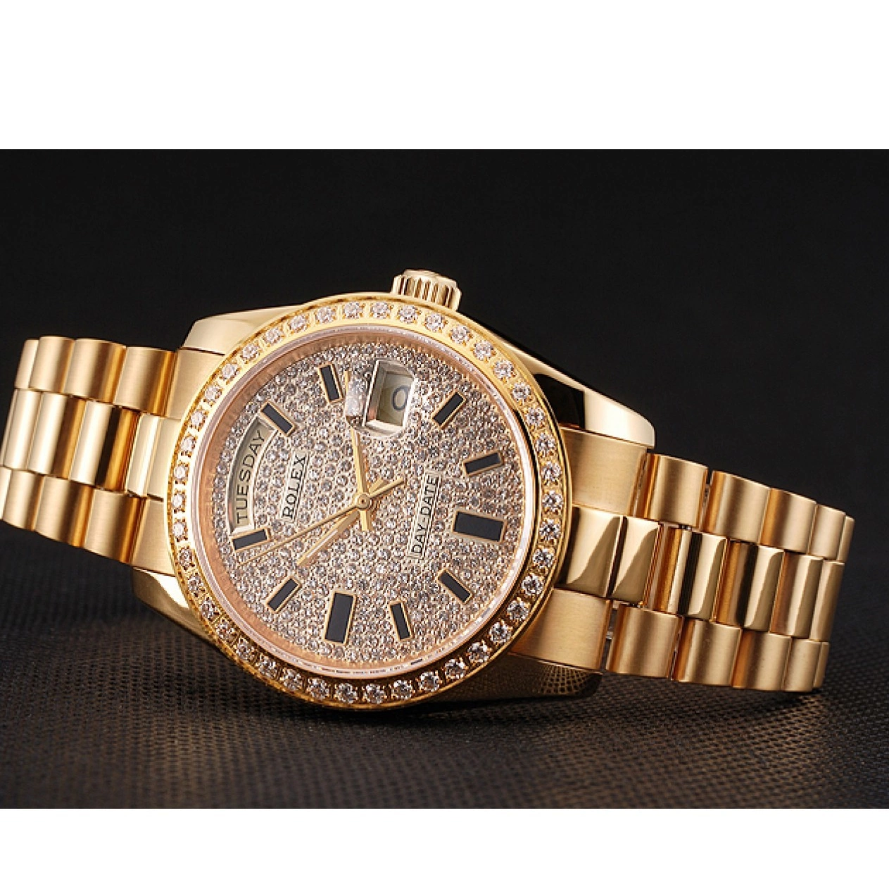 Cheap Bezel Date And Case Dial Pave Day Swiss Diamond Bracelet And Gold Rolex 0221