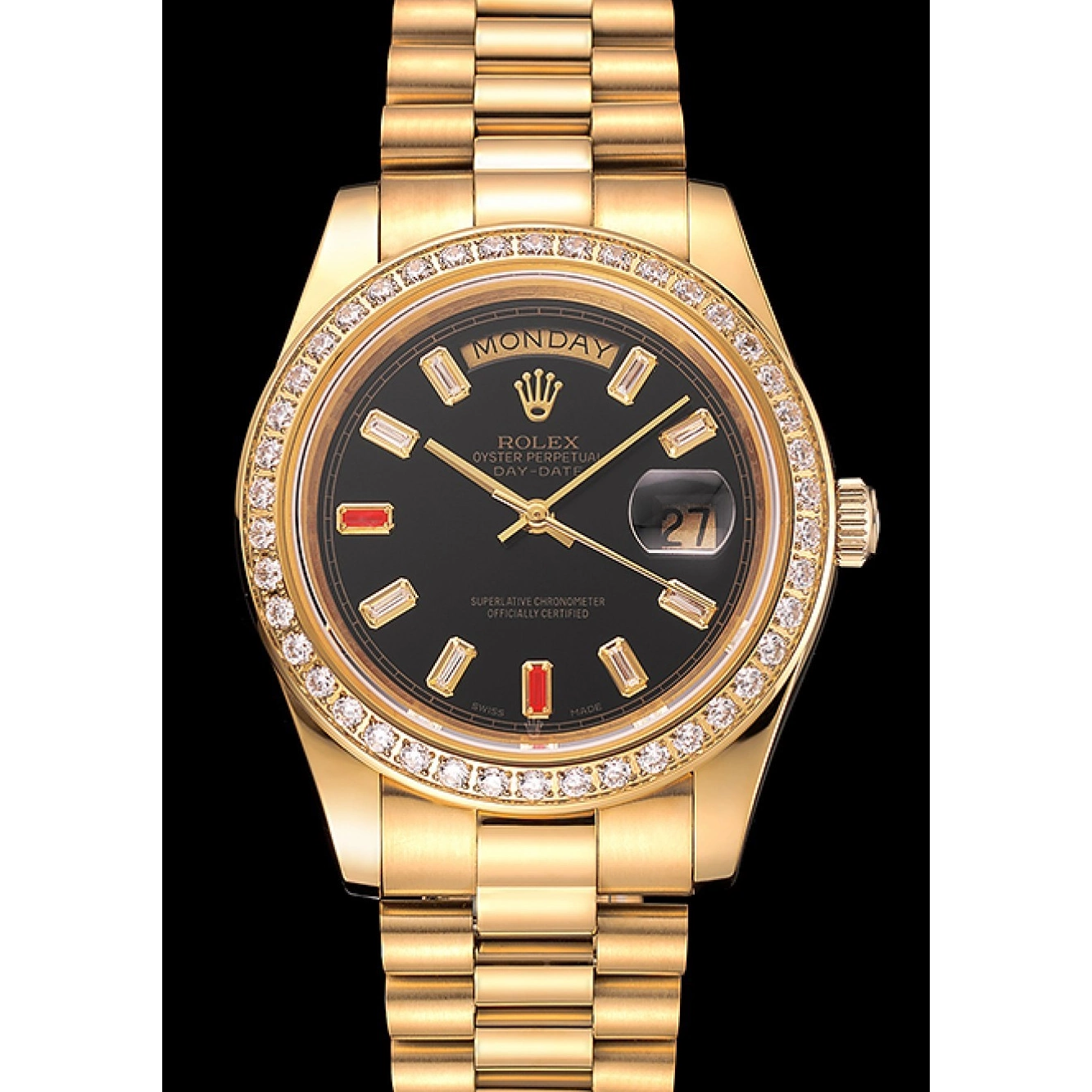 Cheap Day-Date Diamonds Rolex Gold Rubies And Bracelet Black 1454101 Dial Swiss 0228