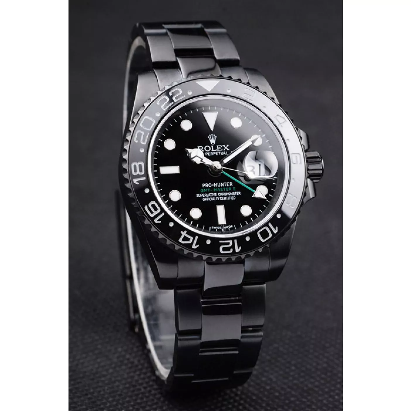 Affordable Rolex Swiss GMT Master II Pro-Hunter Black Steel Strap Black Dial 0204