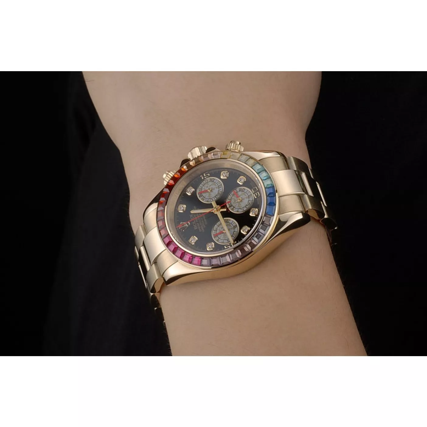 Cheap Rolex Daytona Cosmograph Rainbow Crystals Bezel Rose Gold Strap Black Dial 80251 0204