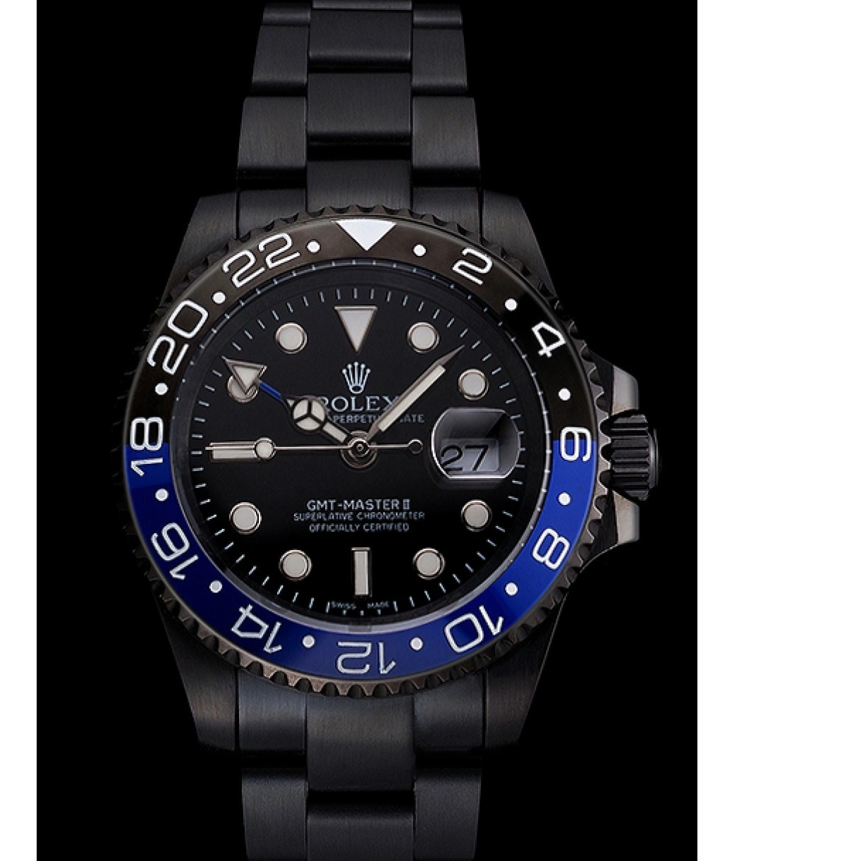 Cheap Black Dial Blue Swiss GMT And Bracelet Black Bezel Master Case And PVD Black II Rolex 0226