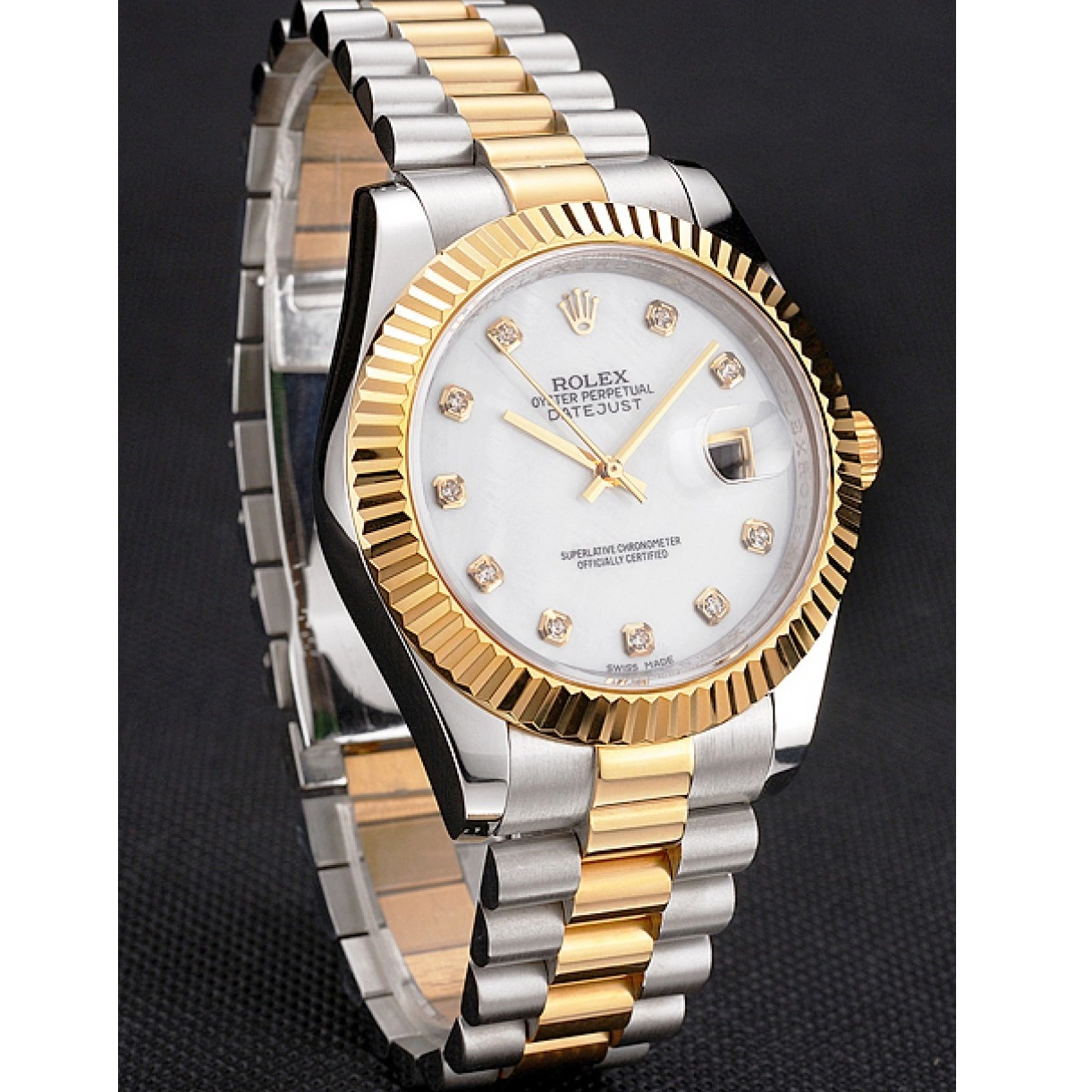 Cheap Rolex Steel Tone Hour Bracelet Bezel Stainless Dial Gold Diamond White Two Marks Datejust Swiss Case 0228