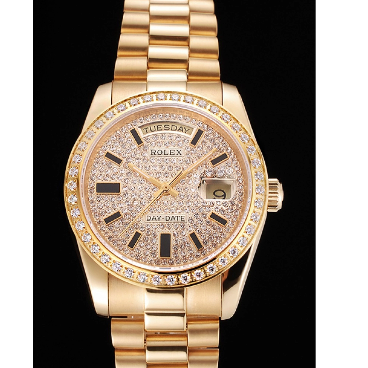 Cheap Bezel Date And Case Dial Pave Day Swiss Diamond Bracelet And Gold Rolex 0221