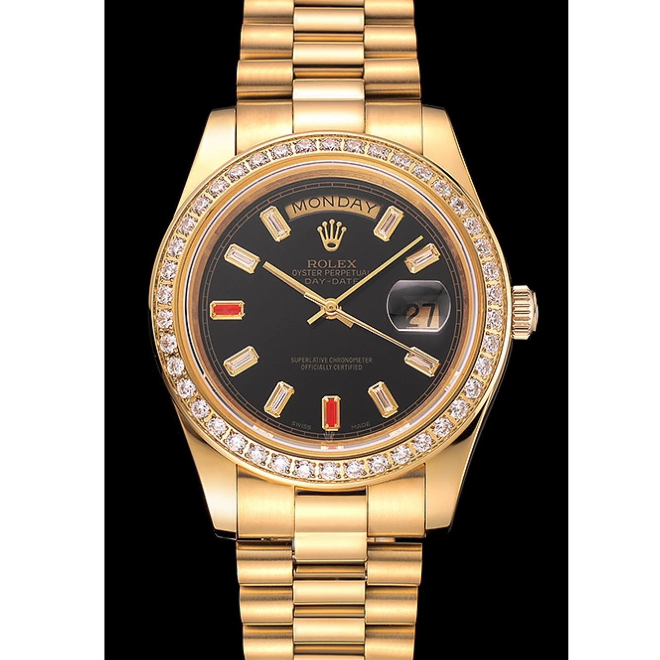 Affordable And Rubies Rolex Gold Black 1454101 Day-Date Swiss Dial Diamonds Bracelet 0214