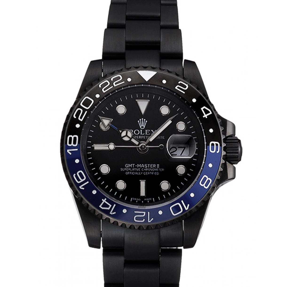 Cheap Black Dial Blue Swiss GMT And Bracelet Black Bezel Master Case And PVD Black II Rolex 0226