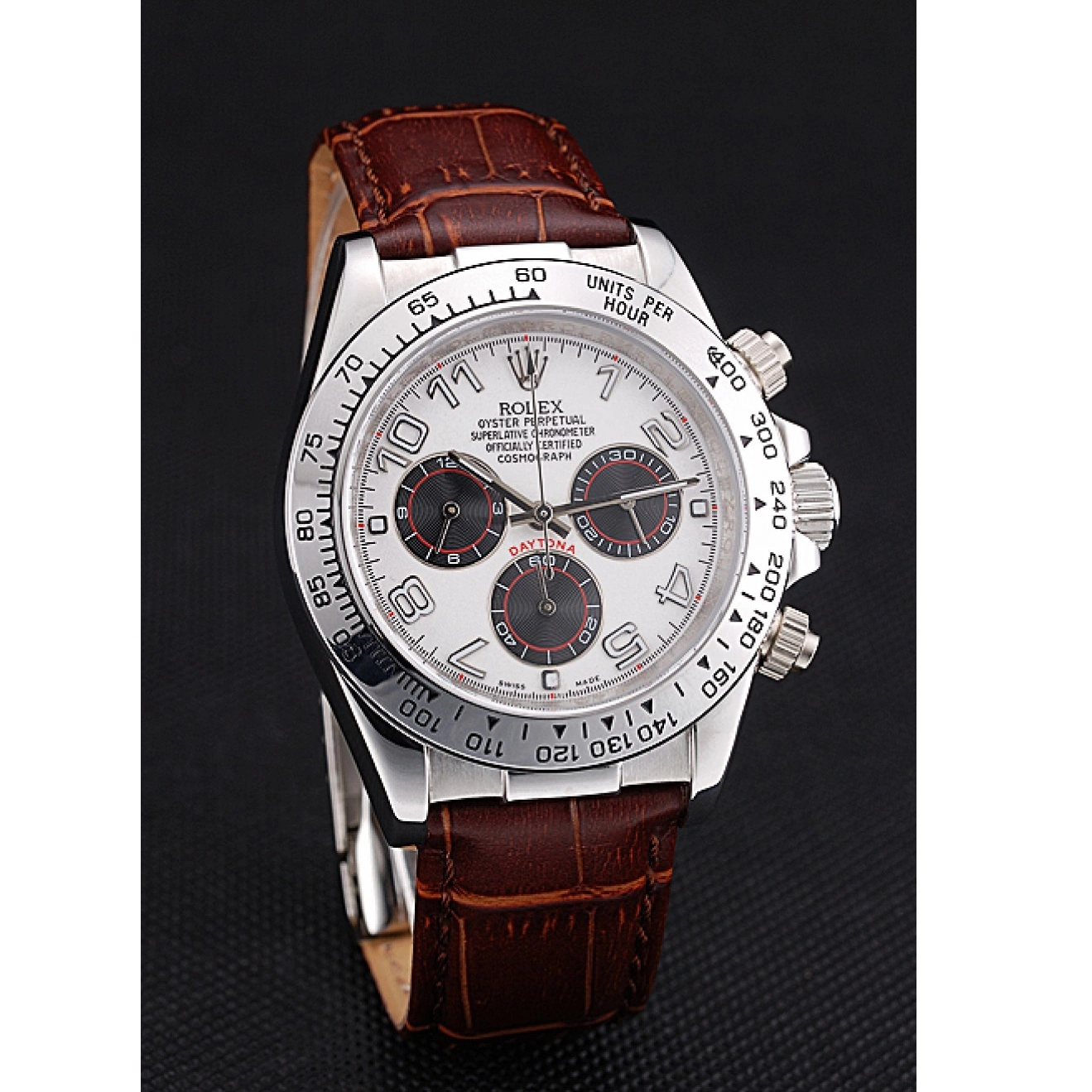 Cheap Leather Brown Dial White Strap Case Stainless Daytona Steel Rolex 0214