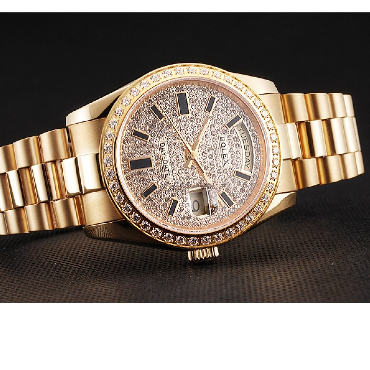 Affordable Rolex Date Bracelet Gold Swiss Bezel Diamond Pave And And Case Day Dial 0218