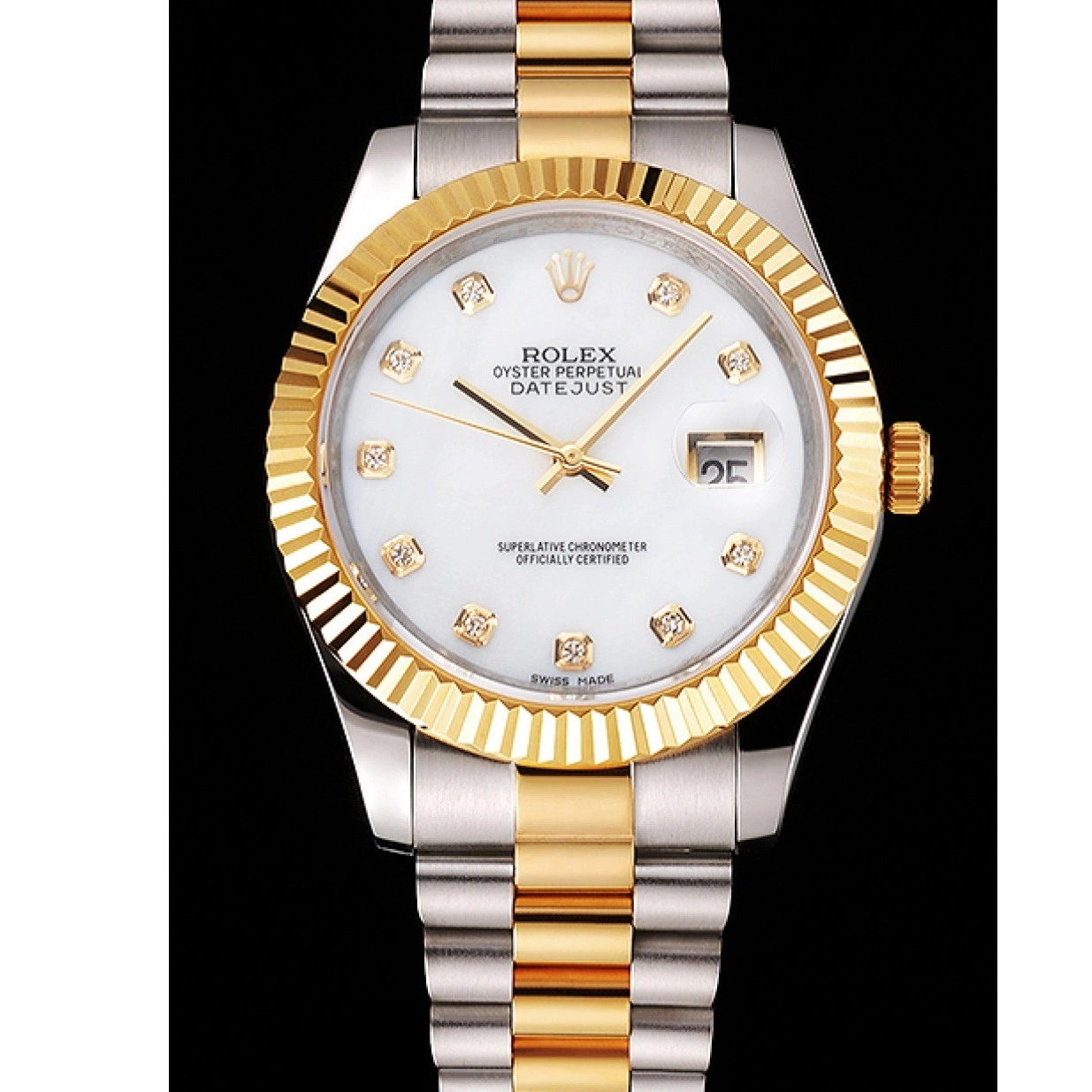 Cheap Rolex Steel Tone Hour Bracelet Bezel Stainless Dial Gold Diamond White Two Marks Datejust Swiss Case 0228