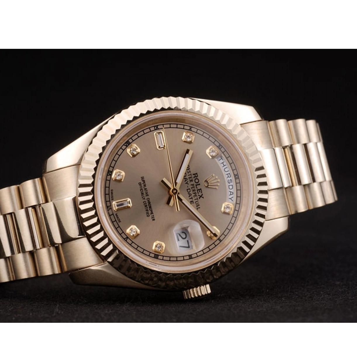 Cheap Stainless Ribbed Rolex DayDate Steel Goldish Bezel Gold Dial 41979 0227