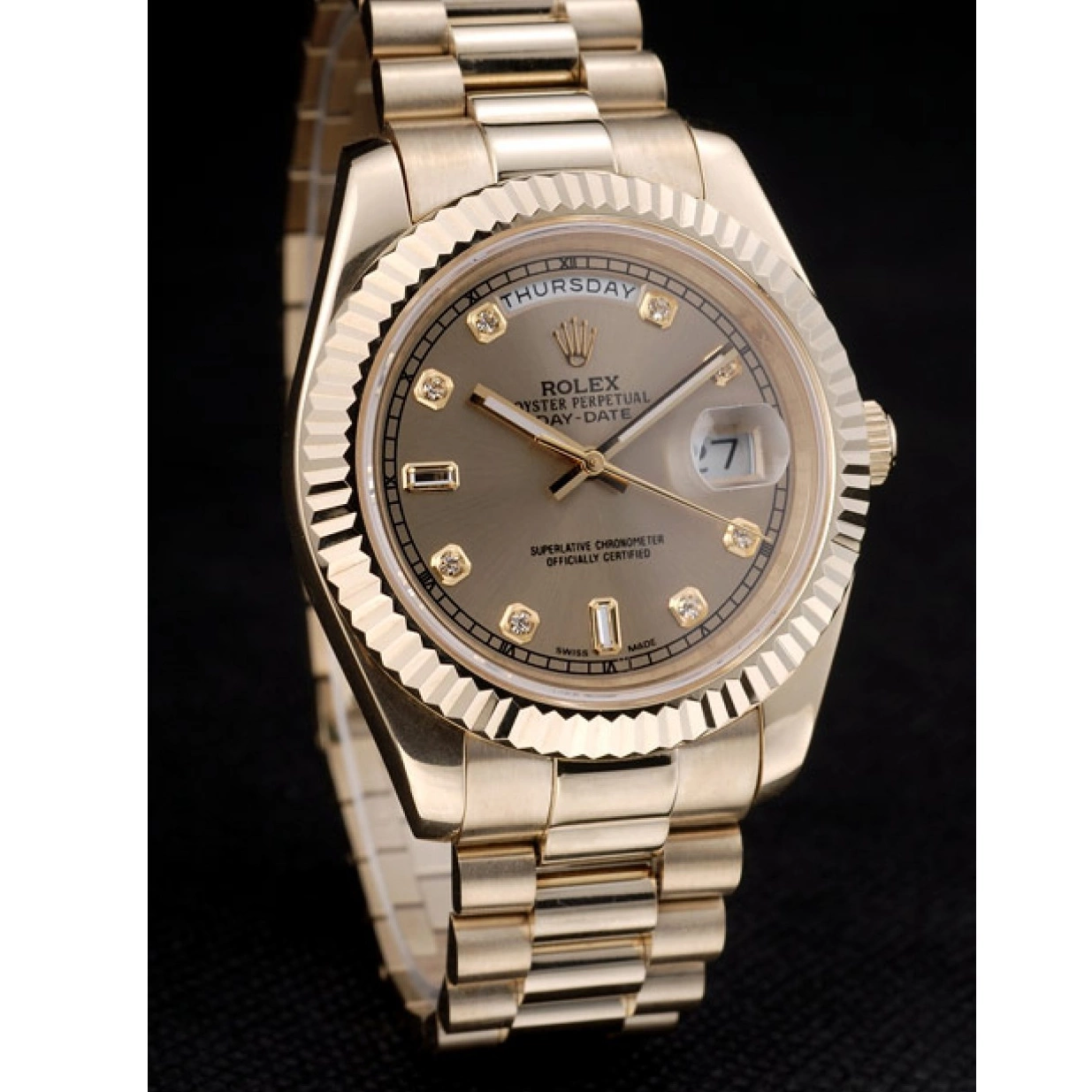 Cheap Stainless Ribbed Rolex DayDate Steel Goldish Bezel Gold Dial 41979 0227