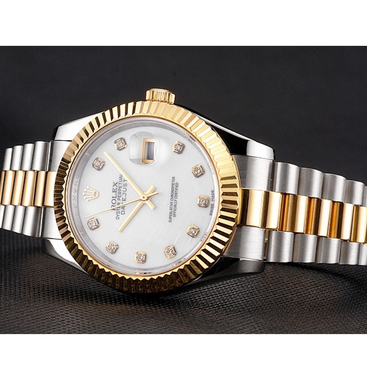 Cheap Rolex Steel Tone Hour Bracelet Bezel Stainless Dial Gold Diamond White Two Marks Datejust Swiss Case 0228