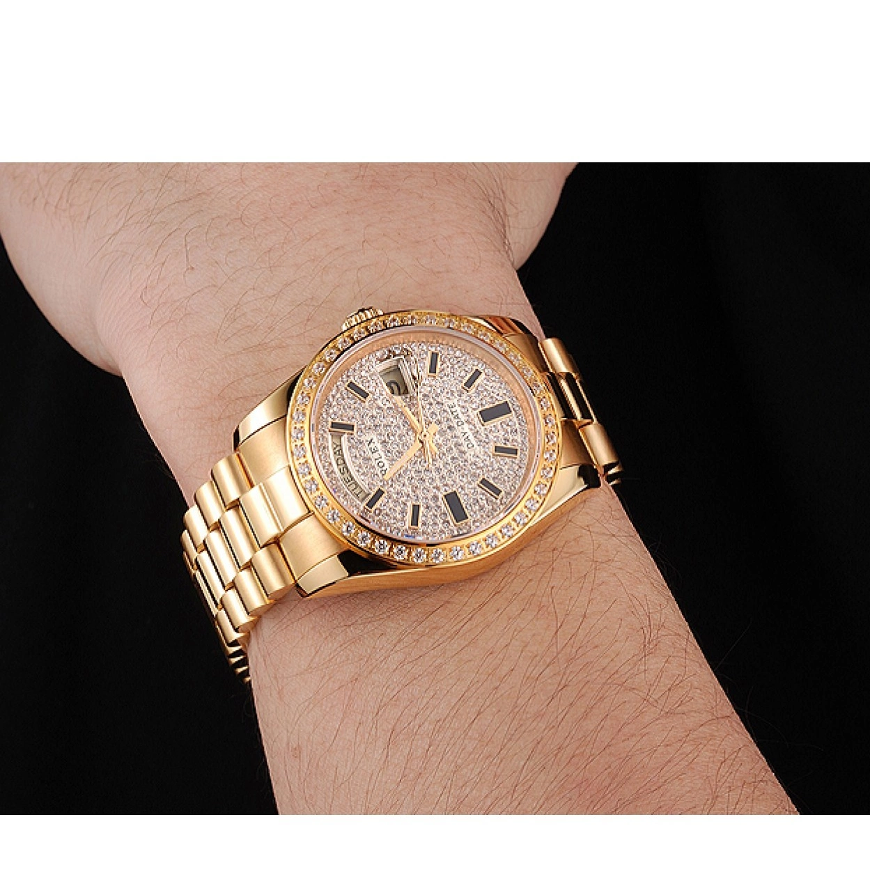 Affordable Rolex Date Bracelet Gold Swiss Bezel Diamond Pave And And Case Day Dial 0218