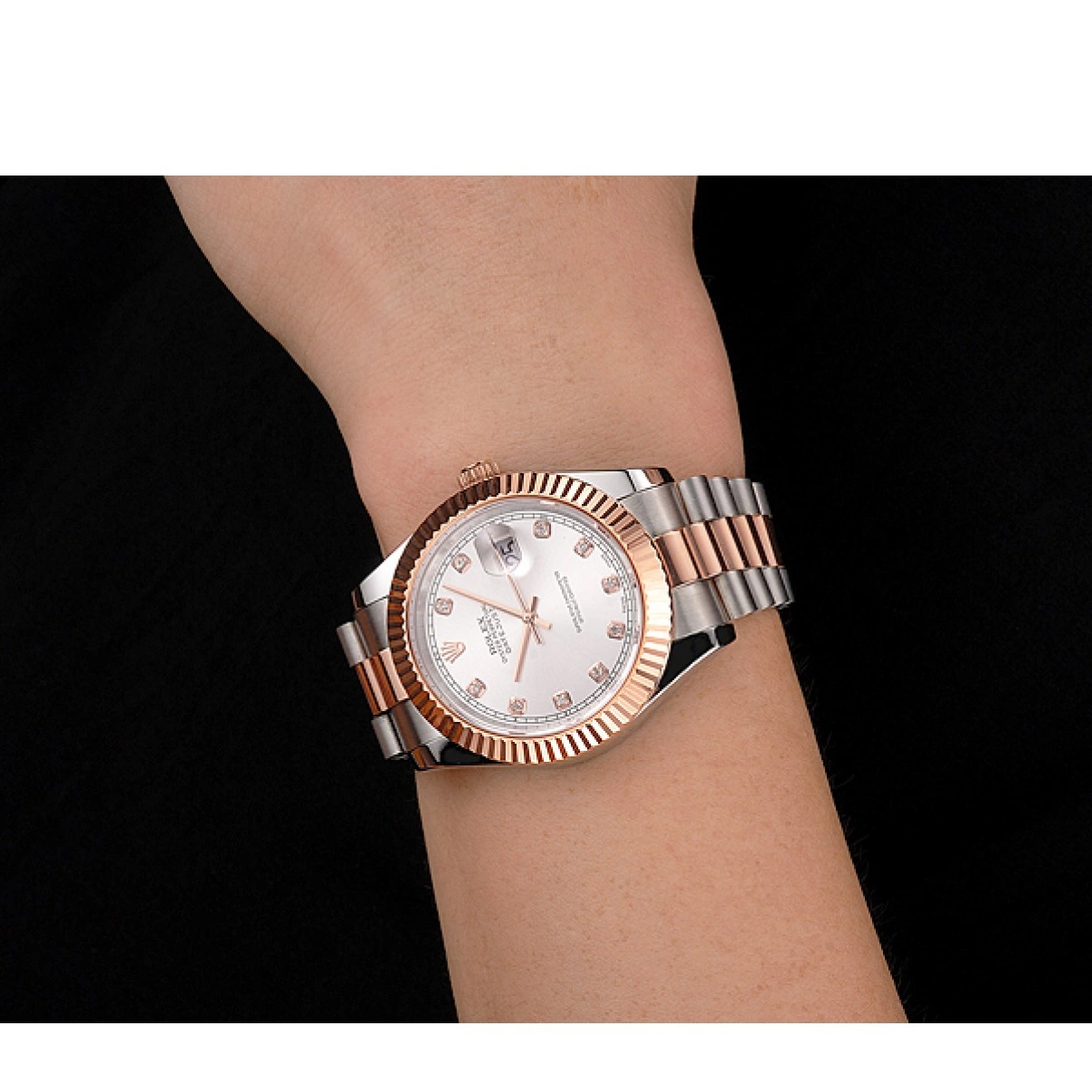 Cheap Gold Bezel Dial Bracelet Rose Tone White Stainless Datejust Case Swiss Two Steel Rolex 0218