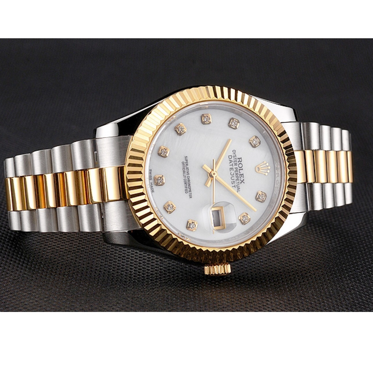 Cheap Rolex Steel Tone Hour Bracelet Bezel Stainless Dial Gold Diamond White Two Marks Datejust Swiss Case 0228