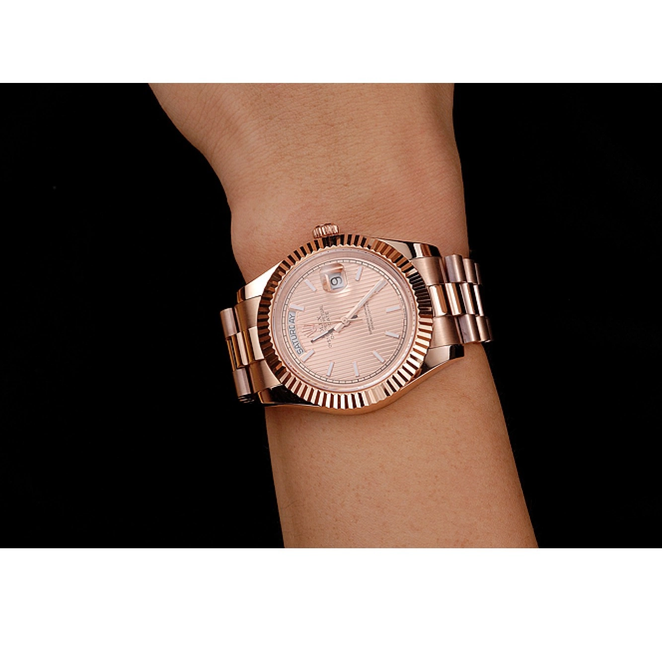 Affordable Swiss And Day Rose Etched Bracelet Rose Date Gold Dial 40 Gold Rolex Case 0208