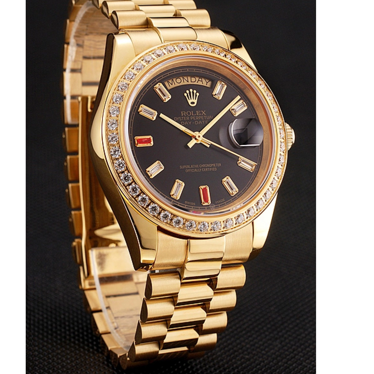 Affordable And Rubies Rolex Gold Black 1454101 Day-Date Swiss Dial Diamonds Bracelet 0214