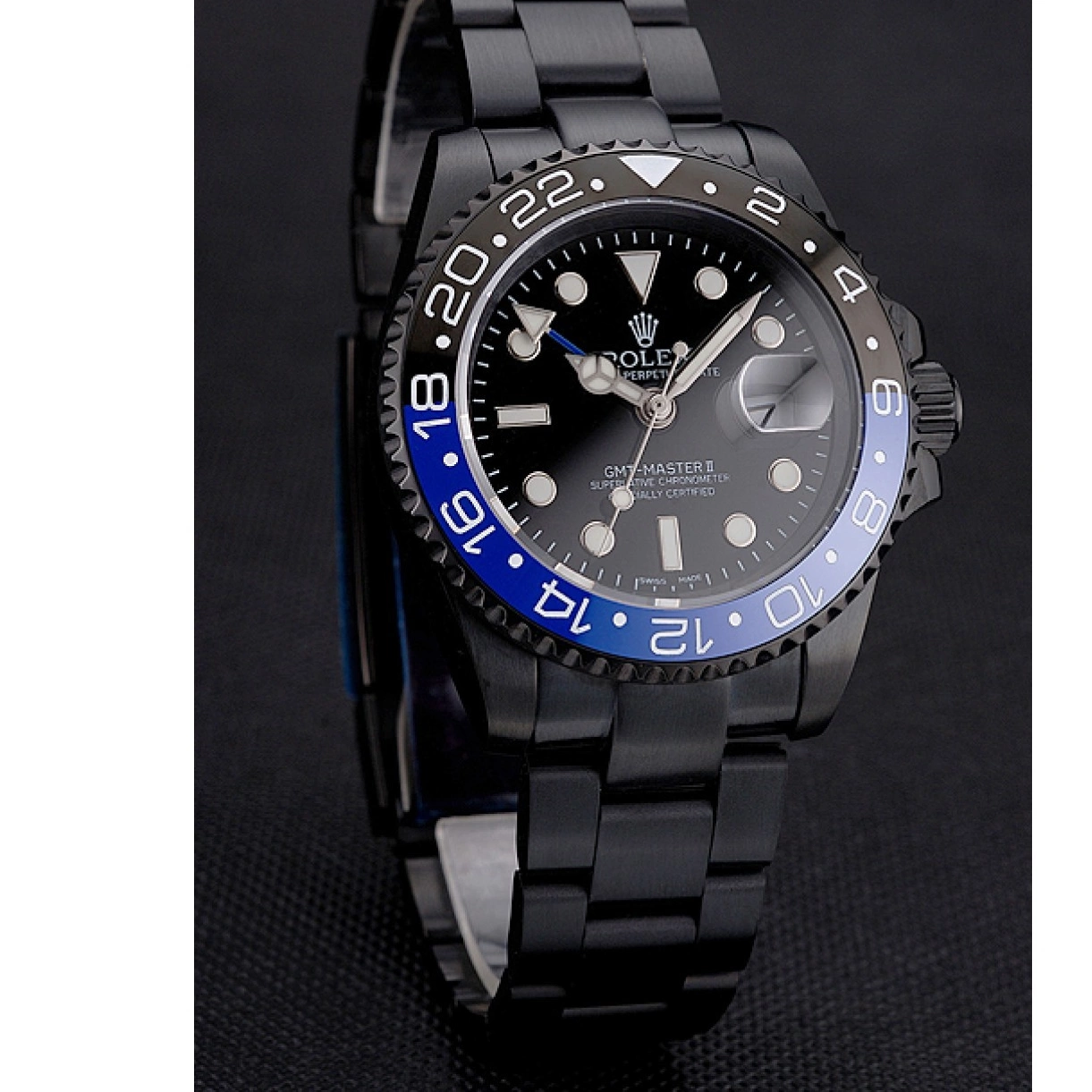 Cheap Black Dial Blue Swiss GMT And Bracelet Black Bezel Master Case And PVD Black II Rolex 0226