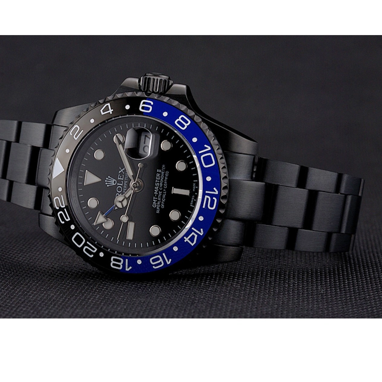 Cheap Black Dial Blue Swiss GMT And Bracelet Black Bezel Master Case And PVD Black II Rolex 0226