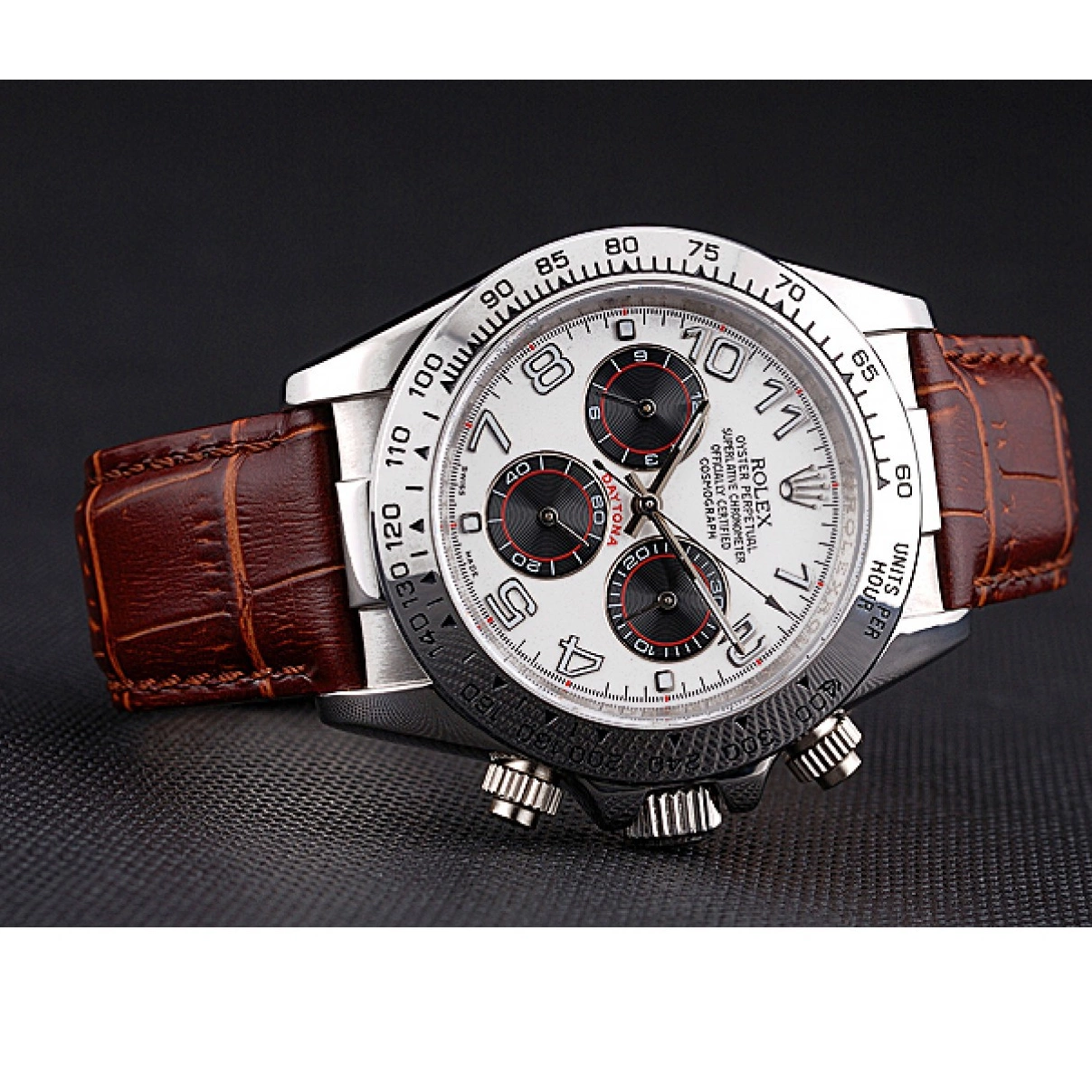 Cheap Leather Brown Dial White Strap Case Stainless Daytona Steel Rolex 0214