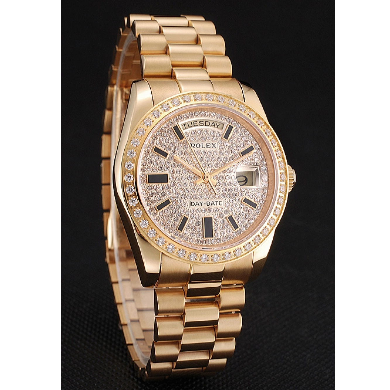 Affordable Rolex Date Bracelet Gold Swiss Bezel Diamond Pave And And Case Day Dial 0218