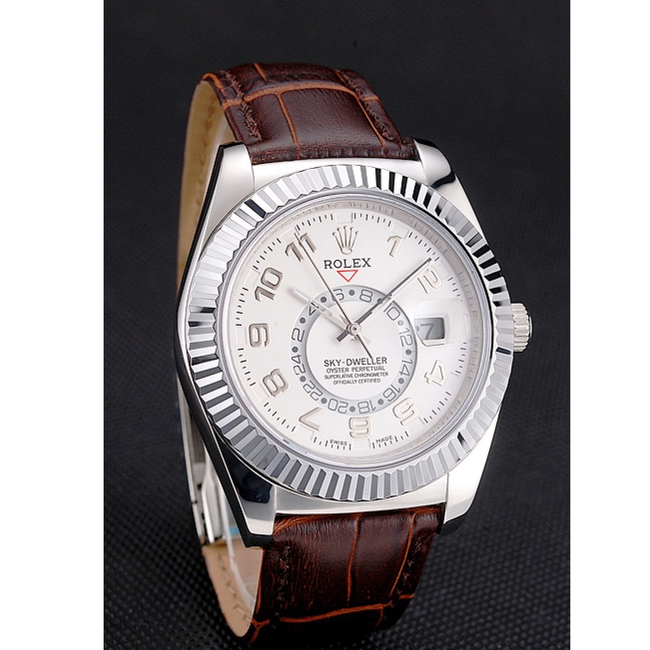 Cheap Leather Case Dial Stainless White Sky Brown Rolex Strap Dweller Steel 0315